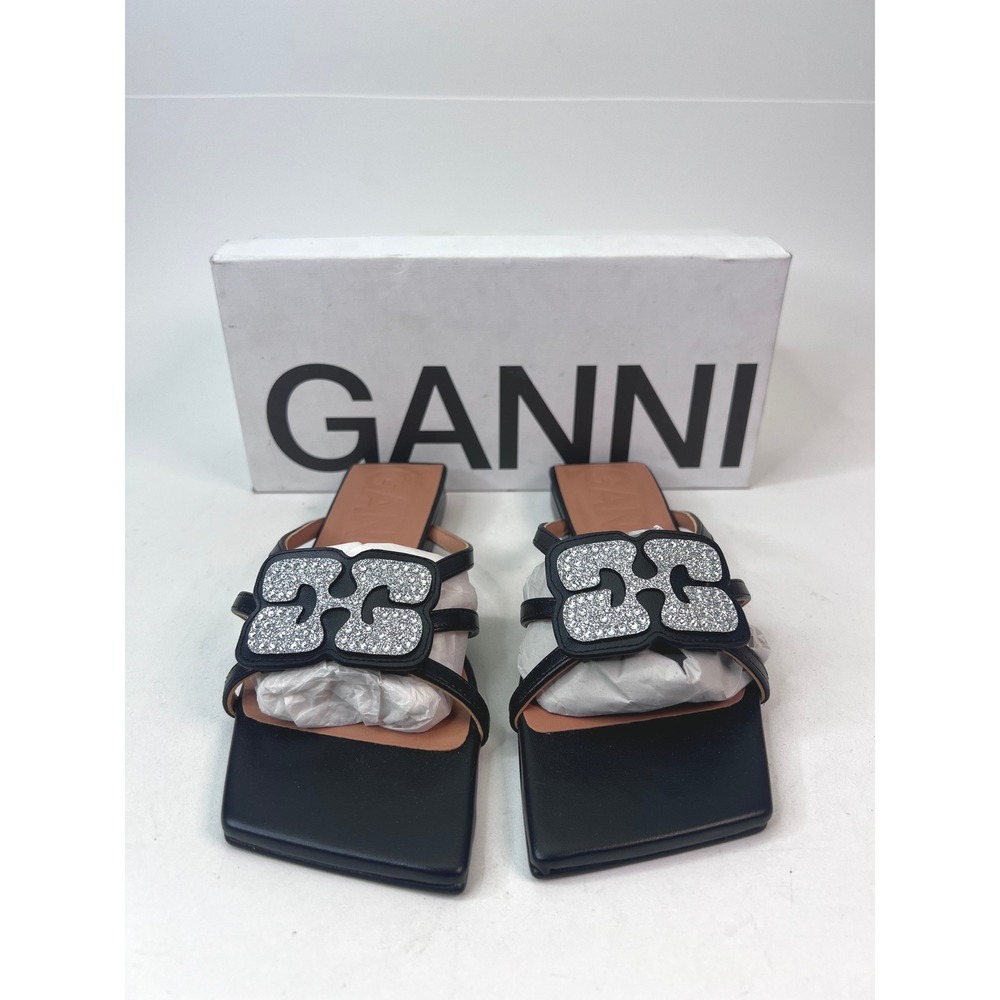 Ganni Black Embellished Logo Square Toe Sandals‎ Slides Women's US7 / EU 37